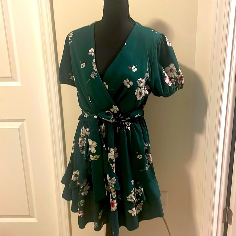 Purple Snow Forest Green Floral Wrap Mini Dress Puff Sleeve RSA4949 Womens XL - Picture 2 of 7